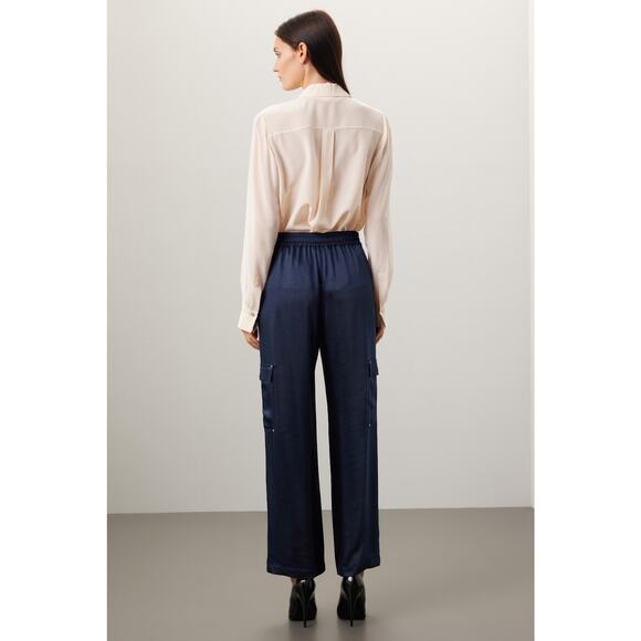 Michael Kors Sz M Blue Satin Wide Leg High Rise Cargo Pants silky travel walking - Picture 2 of 5